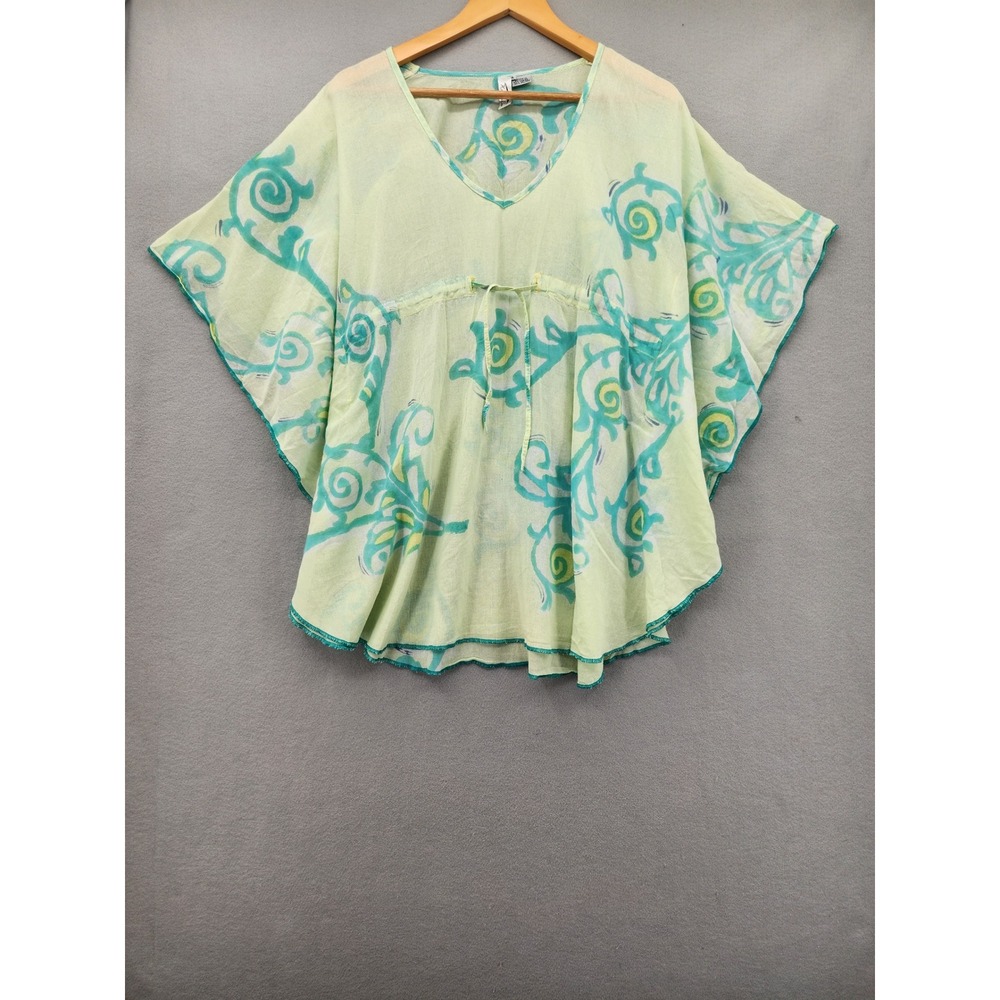 Winter Sun Boho Gauze Kaftan Top Small Green Teal Swirl Butterfly Sleeve Ecuador